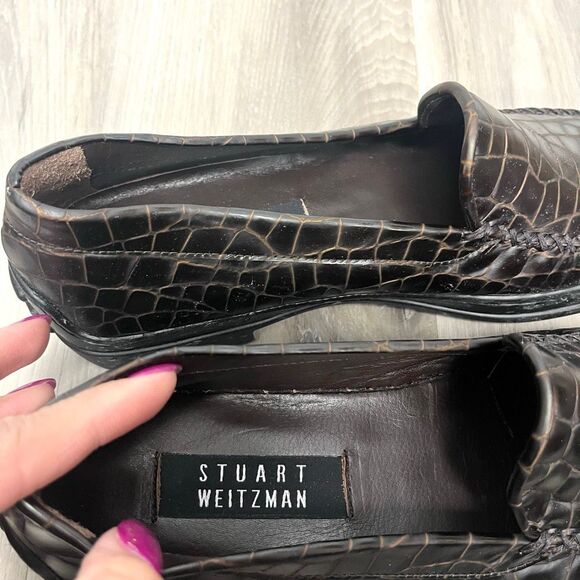 Stuart Weitzman Flats Women’s 9 AA (Narrow) Brown Croc Leather Slip On Loafer - Picture 3 of 8